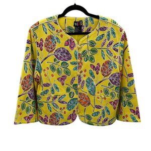 REDD Jeans Blazer Jacket‎ Womens 16 Spring Yellow Floral Textured Cotton Vintage